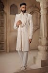 Buy_Vanshik_Off White Silk Embroidered Swarovski Floral Thread Sherwani Pant Set _at_Aza_Fashions