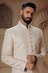 Vanshik_Off White Silk Embroidered Swarovski Floral Thread Sherwani Pant Set _Online_at_Aza_Fashions