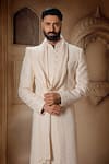 Buy_Vanshik_Off White Silk Embroidered Swarovski Floral Thread Sherwani Pant Set _Online_at_Aza_Fashions