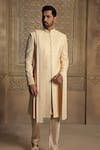 Buy_Vanshik_Beige Silk Embroidered Jamewar Floral Sherwani Pyjama Set _at_Aza_Fashions