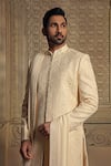 Buy_Vanshik_Beige Silk Embroidered Jamewar Floral Sherwani Pyjama Set _Online_at_Aza_Fashions