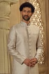 Vanshik_Grey Pashmina Silk Blends Lining Viscose Floral Woven Sherwani With Pyjama _Online_at_Aza_Fashions