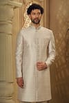 Buy_Vanshik_Grey Pashmina Silk Blends Lining Viscose Floral Woven Sherwani With Pyjama _Online_at_Aza_Fashions