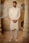 Buy_Vanshik_Off White Raw Silk Embroidered Resham Floral Swirl Sherwani Pant Set _at_Aza_Fashions