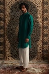 Charkhee_Emerald Green Kurta Chanderi Embroidery Zari Thread Placket Pathani Set _Online_at_Aza_Fashions