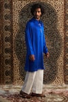 Buy_Charkhee_Blue Kurta Modal Satin Embroidery Zari Thread Geometric Placket Set _Online_at_Aza_Fashions