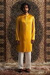 Charkhee_Yellow Kurta Modal Satin Embroidery Zari Thread Placket Set _Online_at_Aza_Fashions