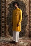 Buy_Charkhee_Yellow Kurta Modal Satin Embroidery Zari Thread Geometric Placement Set _at_Aza_Fashions