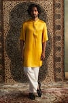 Buy_Charkhee_Yellow Kurta Modal Satin Embroidery Zardozi Placement Set _at_Aza_Fashions