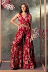 Buy_Mehak Murpana_Pink Crepe Printed Floral Blunt V Draped Jumpsuit Set _at_Aza_Fashions