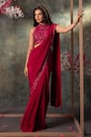 Buy_Mehak Murpana_Pink Crepe Printed Floral Halter Embroidered Border Pre-draped Saree With Blouse _at_Aza_Fashions