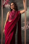 Mehak Murpana_Pink Crepe Printed Floral Halter Embroidered Border Pre-draped Saree With Blouse _Online_at_Aza_Fashions