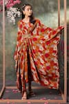 Buy_Mehak Murpana_Orange Crepe Print Bloom V Neck Kaftan _at_Aza_Fashions