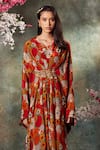 Mehak Murpana_Orange Crepe Print Bloom V Neck Kaftan _Online_at_Aza_Fashions