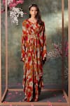 Buy_Mehak Murpana_Orange Crepe Print Bloom V Neck Kaftan _Online_at_Aza_Fashions