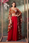 Buy_Mehak Murpana_Orange Crepe Print Fiore Sweetheart Neck Cape And Flared Pant Set _at_Aza_Fashions