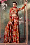 Buy_Mehak Murpana_Orange Crepe Print Bahar V Neck Blouse And Sharara Set _at_Aza_Fashions