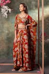 Buy_Mehak Murpana_Orange Crepe Print Gul Sweetheart Neck Cape And Draped Skirt Set _at_Aza_Fashions