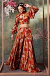 Buy_Mehak Murpana_Orange Crepe Print Floral High Balloon Sleeves Crop Top With Flared Panel Pant _at_Aza_Fashions