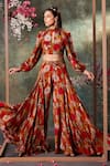 Mehak Murpana_Orange Crepe Print Floral High Balloon Sleeves Crop Top With Flared Panel Pant _Online_at_Aza_Fashions