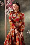 Buy_Mehak Murpana_Orange Crepe Print Floral High Balloon Sleeves Crop Top With Flared Panel Pant _Online_at_Aza_Fashions