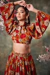 Mehak Murpana_Orange Crepe Print Flora High Neck Crop Top With Lehenga _Online_at_Aza_Fashions