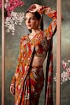 Mehak Murpana_Orange Crepe Print Flora Garden V Neck Pre-draped Saree With Blouse _Online_at_Aza_Fashions