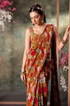 Mehak Murpana_Orange Crepe Print Bloom Garden Sweetheart Neck Pre-draped Saree With Blouse _Online_at_Aza_Fashions