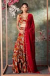 Buy_Mehak Murpana_Orange Crepe Print Gardenia V Neck Ruffled Lehenga Set _at_Aza_Fashions