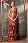 Buy_Mehak Murpana_Orange Crepe Print Bloom V Neck Pre-draped Ruffle Saree With Blouse _at_Aza_Fashions