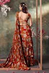 Shop_Mehak Murpana_Orange Crepe Print Bloom V Neck Pre-draped Ruffle Saree With Blouse _at_Aza_Fashions