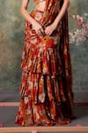 Mehak Murpana_Orange Crepe Print Bloom V Neck Pre-draped Ruffle Saree With Blouse _Online_at_Aza_Fashions