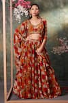 Buy_Mehak Murpana_Orange Crepe Print Phool Sweetheart Neck Cape And Lehenga Set _at_Aza_Fashions