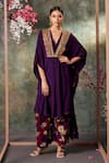 Buy_Mehak Murpana_Purple Crepe Embroidery Zardozi Plunge V Neck Placket Kaftan Kurta And Pant Set _at_Aza_Fashions