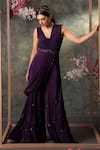 Buy_Mehak Murpana_Purple Crepe Embroidery Sequin Blunt V Neck Floral Border Jumpsuit With Drape _at_Aza_Fashions