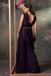 Shop_Mehak Murpana_Purple Crepe Embroidery Sequin Blunt V Neck Floral Border Jumpsuit With Drape _at_Aza_Fashions