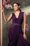 Mehak Murpana_Purple Crepe Embroidery Sequin Blunt V Neck Floral Border Jumpsuit With Drape _Online_at_Aza_Fashions