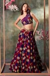 Buy_Mehak Murpana_Purple Crepe Printed Floral Asymmetric Top And Lehenga Set _at_Aza_Fashions