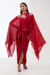 Buy_Anjali Kanwar_Red Silk Embroidery Sequin Dress Sweetheart Neck Draped With Flower Cape _at_Aza_Fashions