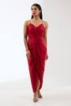 Anjali Kanwar_Red Silk Embroidery Sequin Dress Sweetheart Neck Draped With Flower Cape _Online_at_Aza_Fashions