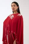 Shop_Anjali Kanwar_Red Silk Embroidery Sequin Dress Sweetheart Neck Draped With Flower Cape _Online_at_Aza_Fashions