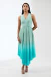 Anjali Kanwar_Green Silk Embroidery Sequin Dress V Neck Ombre With Cape _Online_at_Aza_Fashions