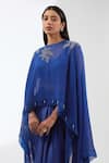 Shop_Anjali Kanwar_Blue Silk Embroidery Sequin Cape Boat Neck Flower Skirt Set _Online_at_Aza_Fashions