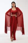 Buy_Anjali Kanwar_Red Silk Embroidery Bead Tassel Cape Open Embellished Skirt Set _at_Aza_Fashions