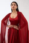 Shop_Anjali Kanwar_Red Silk Embroidery Bead Tassel Cape Open Embellished Skirt Set _Online_at_Aza_Fashions