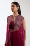 Shop_Anjali Kanwar_Maroon Silk Embroidery Sequin Cape Keyhole Flared Pant Set _Online_at_Aza_Fashions