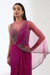 Anjali Kanwar_Wine Silk Embroidery Sequin Illusion Sheer Round Neck Bead Draped Saree Gown _Online_at_Aza_Fashions