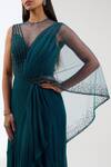 Anjali Kanwar_Green Silk Embroidery Sequin Illusion Sheer Round Neck Stripe Draped Saree Gown _Online_at_Aza_Fashions