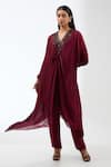 Buy_Anjali Kanwar_Maroon Polyester Printed Floral V Neck Tunic And Trouser Set _at_Aza_Fashions