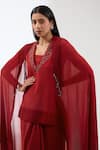 Shop_Anjali Kanwar_Red Silk Embroidery Sequin Cape Open Tassel Embellished Skirt Set _Online_at_Aza_Fashions